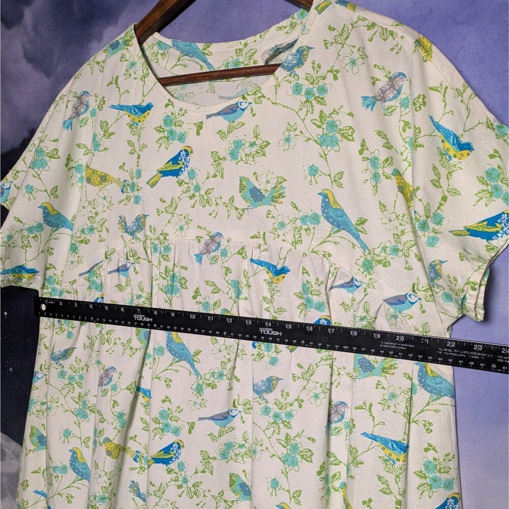 Handmade White Cotton Dress Birds Floral Cottagecore Prairie Housedress Modest - Picture 7 of 11
